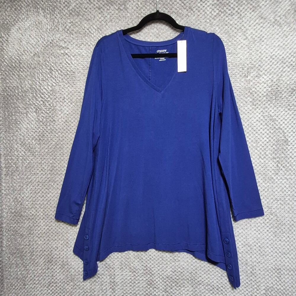 Chicos Tunic Touch of Cool The Ultimate Tee 2 Large Blue L/S VNeck Popover Flowy